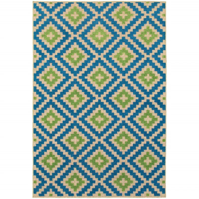 stylish carpet with Art Deco influences -2' X 3' Geometric Stain Resistant Indoor / Outdoor Area Rug - Blue / Beige