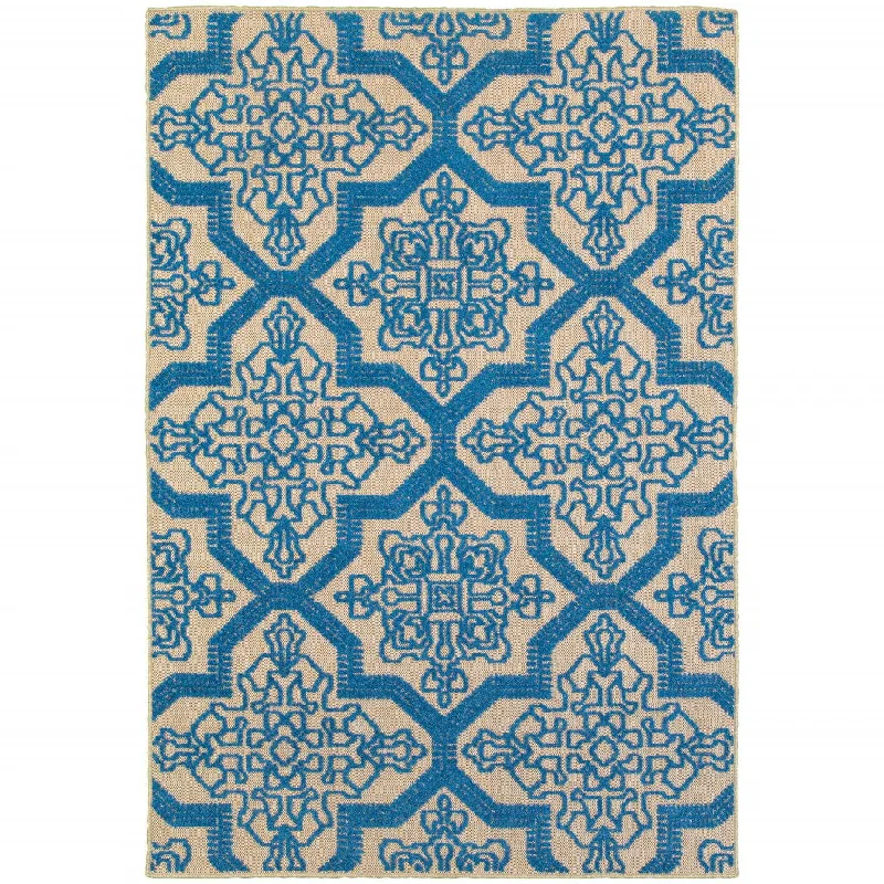 best carpet for homes with pets -2' X 3' Oriental Stain Resistant Outdoor / Indoor Area Rug - Blue / Beige