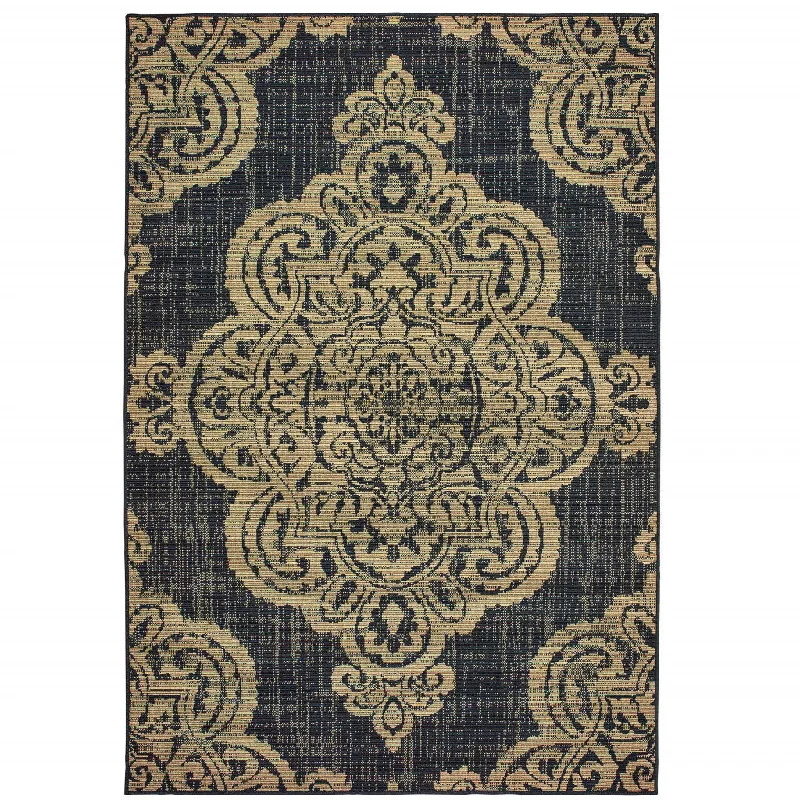 reversible wool carpet with contrasting designs -2' X 4' Oriental Stain Resistant Indoor / Outdoor Area Rug - Black / Tan