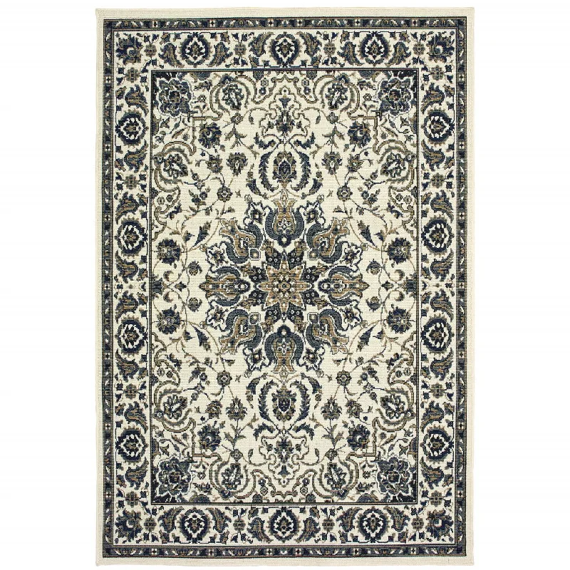 eco-friendly carpet with zero VOC emissions -2' X 4' Oriental Stain Resistant Indoor / Outdoor Area Rug - Ivory / Blue