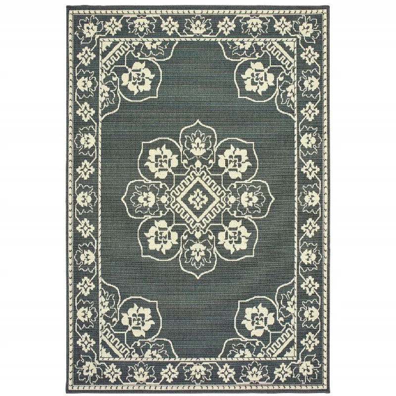 reversible carpet with warm and cool shades -2' X 4' Oriental Stain Resistant Outdoor / Indoor Area Rug - Gray / Ivory