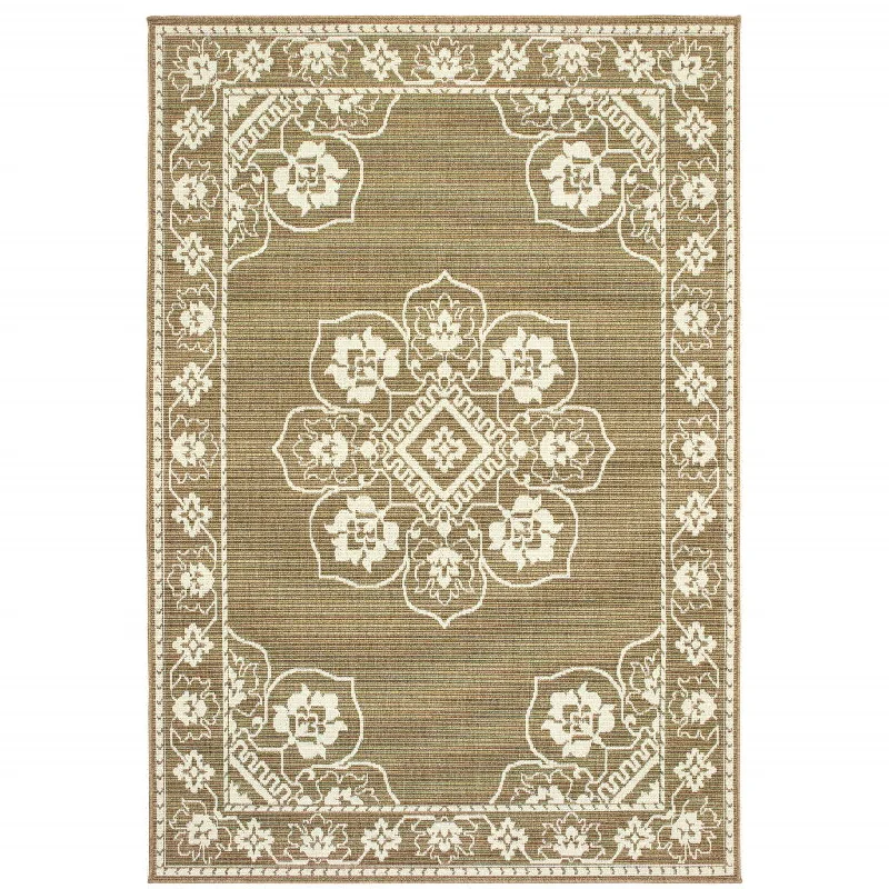 carpet for cozy ambiance -2' X 4' Oriental Stain Resistant Outdoor / Indoor Area Rug - Tan