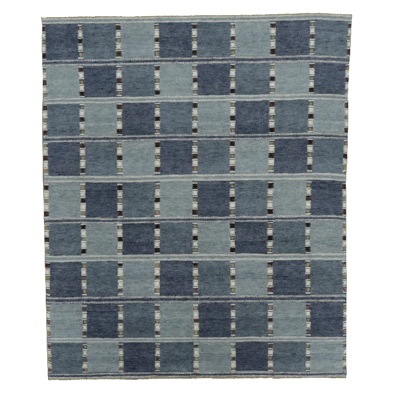 stylish carpet for monochrome interiors -Blue Swedish Inspired Flatweave Wool Rug - 8'2" x 9'9"