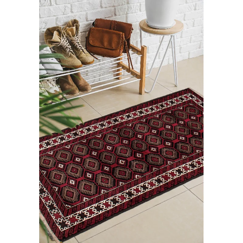 eco-conscious carpet with repurposed materials -ECARPETGALLERY Hand-knotted Royal Baluch Red Wool Rug - 3'0 x 5'7