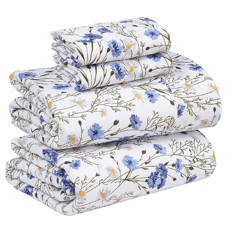 Pillow with budget options-100% Cotton Percale Sheets For Full Size Bed - 16 Inches Deep Pocket Perfect Fitting - Crisp & Cool - Smooth & Comfortable - Durable Blue Floral Sheet Sets (1 Flat, 1 Fitted & 2 Pillowcases)