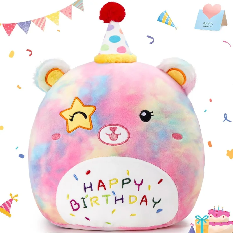 Pillow with trendy design-16" Happy Birthday Bear Plush Pillow Cute Rainbow Stuffed Animal Soft Kawai