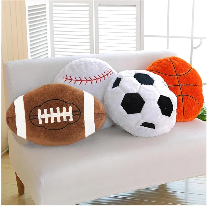 Pillow with synthetic fill-4 Pcs Sports Throw Pillows Fluffy Stuffed Soccer Ball Plush Pillow Baseball