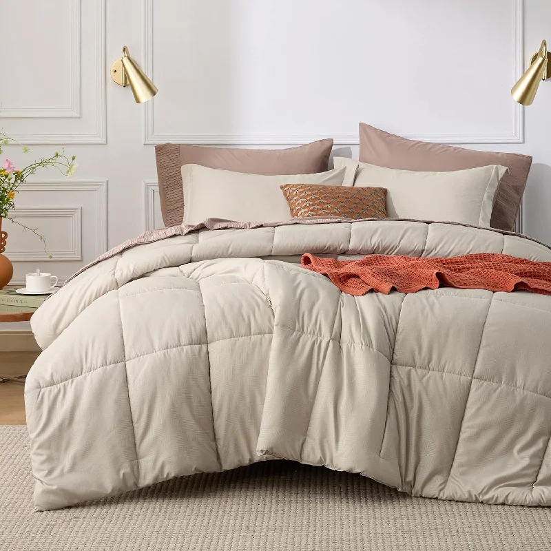 Pillow for neck pain relief-Beige Full Comforter Set - Beige Basket Weave Pattern Down Alternative Comforter Set Box Stitching Duvet Insert, Lightweight All Season Bedding Set With 2 Pillow Shams