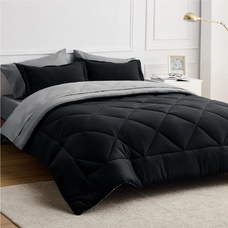 Pillow with soft filling-Black Comforter Set King - 7 Pieces Reversible Black Bed Set King, Black Bedding Set King With Comforters, Sheets, Pillowcases & Shams, King Size Black Bed In A Bag