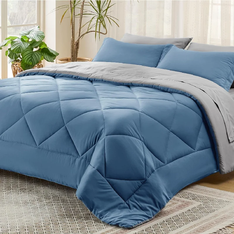 Pillow with adjustable filling-Blue Comforter Set Queen - 7 Pieces Reversible Blue Bed In A Bag With Comforters, Sheets, Pillowcases & Shams, Queen Blue Bed Set