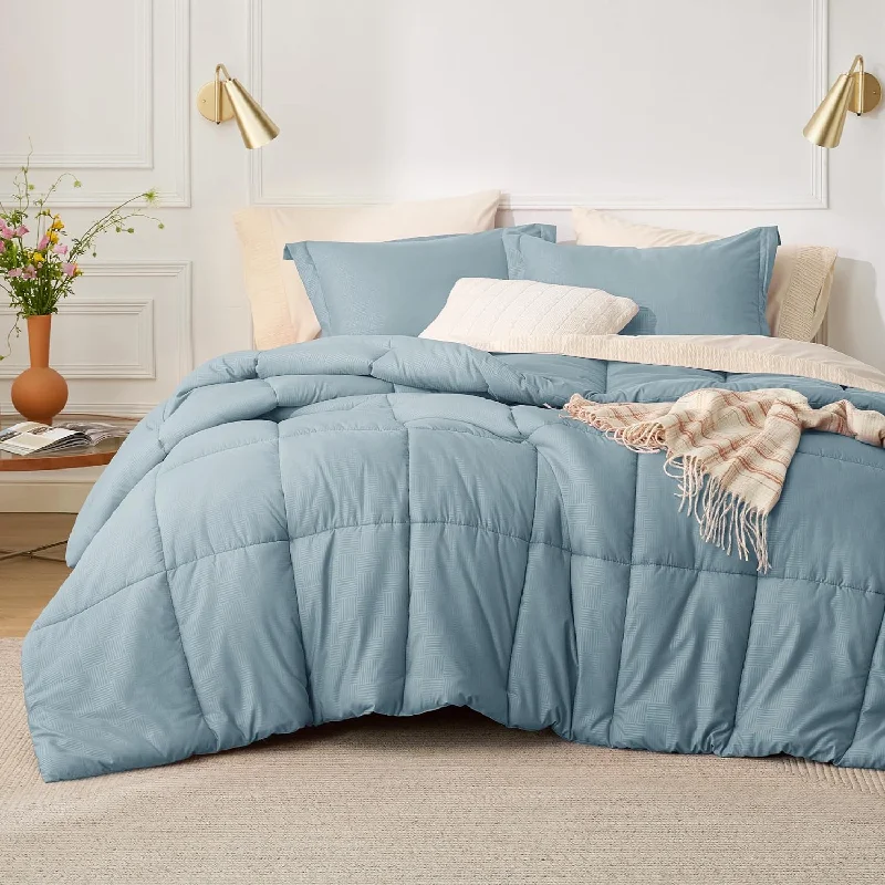 Pillow with extra filling-Blue Queen Comforter Set - Mineral Blue Basket Weave Pattern Down Alternative Comforter Set Box Stitching Duvet Insert, Lightweight All Season Bedding Set With 2 Pillow Shams