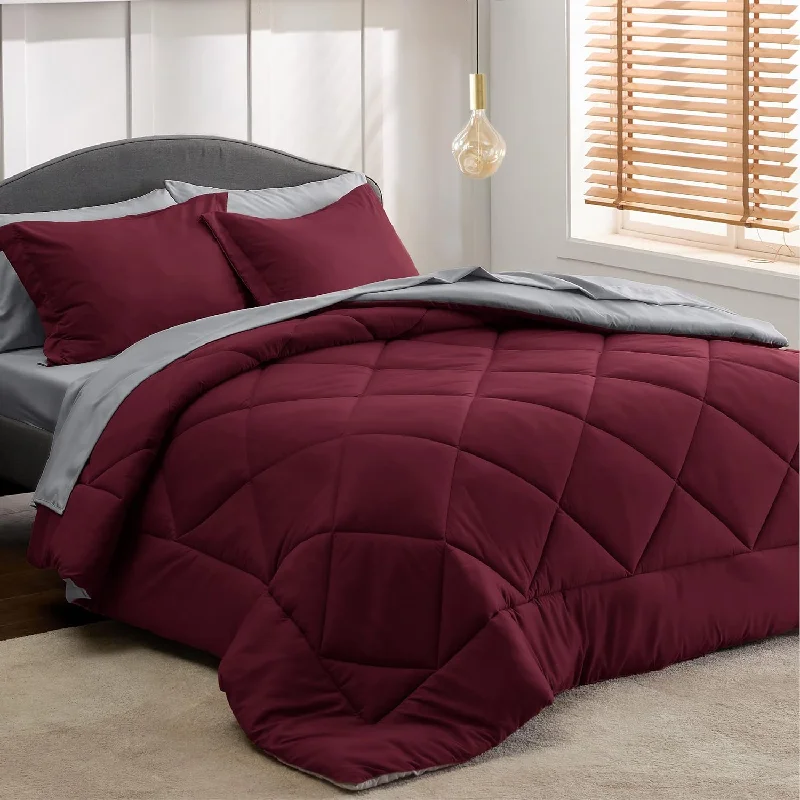 Pillow in medium size-Burgundy Queen Comforter Set - 7 Pieces Reversible Queen Bed In A Bag Queen Bed Set With Comforters, Sheets, Pillowcases & Shams, Queen Bedding Sets