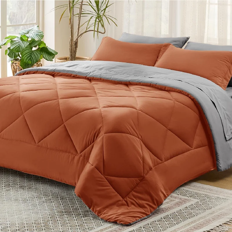 Pillow in large size-Burnt Orange Queen Comforter Set - 7 Pieces Reversible Queen Bed In A Bag Queen Bed Set With Comforters, Sheets, Pillowcases & Shams, Queen Bedding Sets