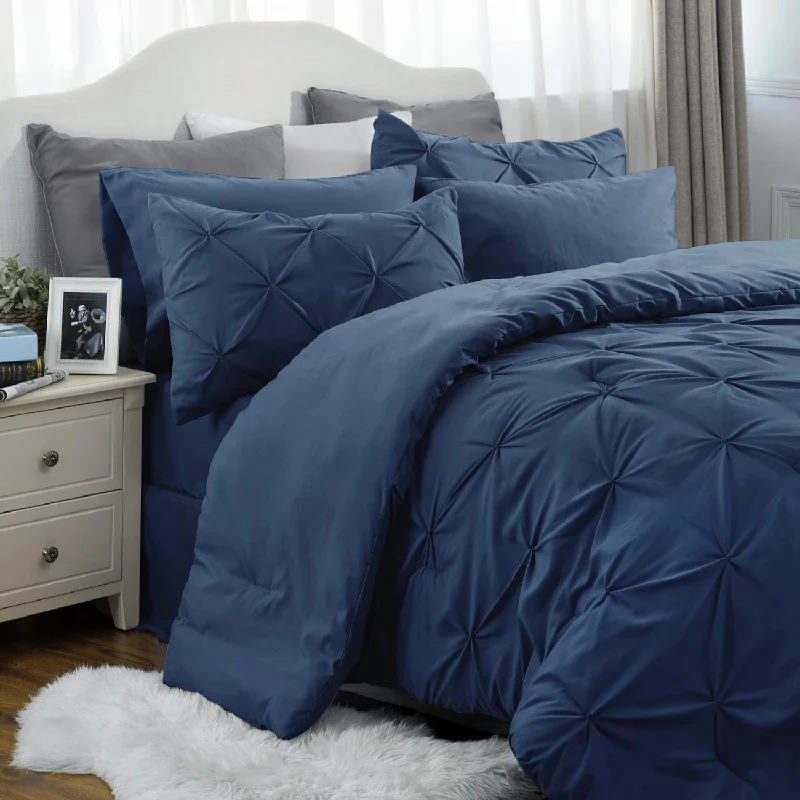 Pillow in extra-large size-California King Comforter Set - Cal King Bed Set 7 Pieces, Pinch Pleat Navy Blue Cali King Bedding Set With Comforter, Sheets, Pillowcases & Shams