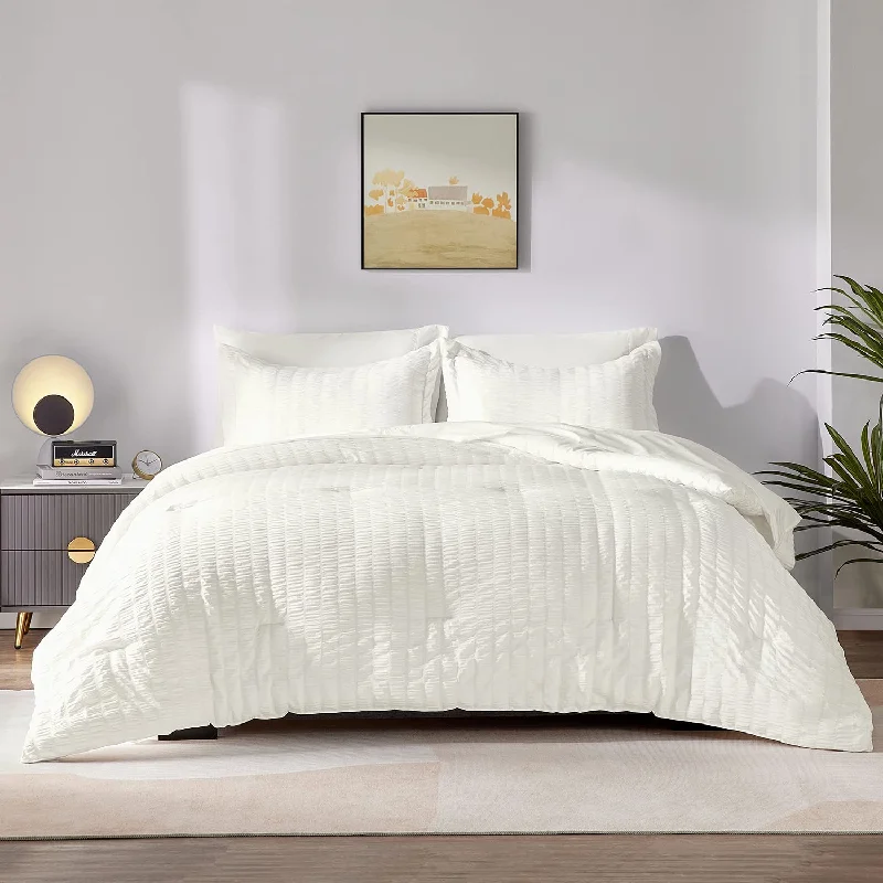 Pillow with square shape-California King Seersucker Comforter Set With Sheets Ivory Bed In A Bag 7-Pieces Cal King All Season Bedding Sets With Comforter, Pillow Sham, Flat Sheet, Fitted Sheet, Pillowcase