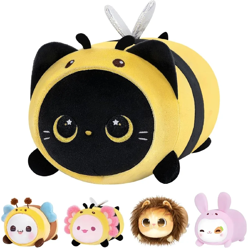 Pillow with boho flair-Cute Black Cat Bee Plush Pillow, Kawaii Plushies Bee Stuffed Toy, Kitten Pl