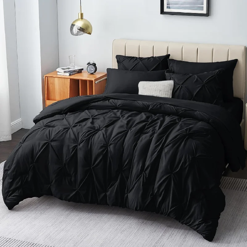 Pillow with solid color-Full Comforter Set - 7 Pieces Comforters Full Size Black, Pintuck Bed In A Bag Pinch Pleat Bedding Sets With All Season Comforter, Flat Sheet, Fitted Sheet And Pillowcases & Shams