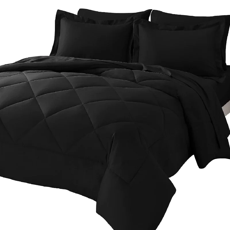 Pillow with textured fabric-Full Comforter Set With Sheets 7 Pieces Bed In A Bag Black All Season Bedding Sets With Comforter, Pillow Shams, Flat Sheet, Fitted Sheet And Pillowcases