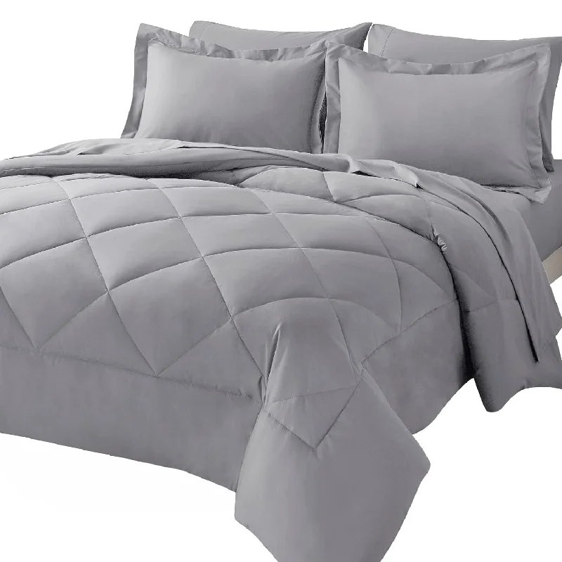 Pillow with silky finish-Full Comforter Set With Sheets 7 Pieces Bed In A Bag Light Grey All Season Bedding Sets With Comforter, Pillow Shams, Flat Sheet, Fitted Sheet And Pillowcases