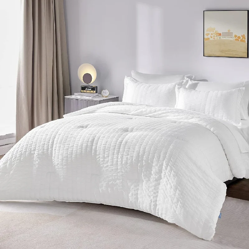 Pillow with breathable cover-Full/Queen Bed In A Bag White Seersucker Comforter Set With Sheets 7-Pieces All Season Bedding Sets With Comforter, Pillow Sham, Flat Sheet, Fitted Sheet And Pillowcase