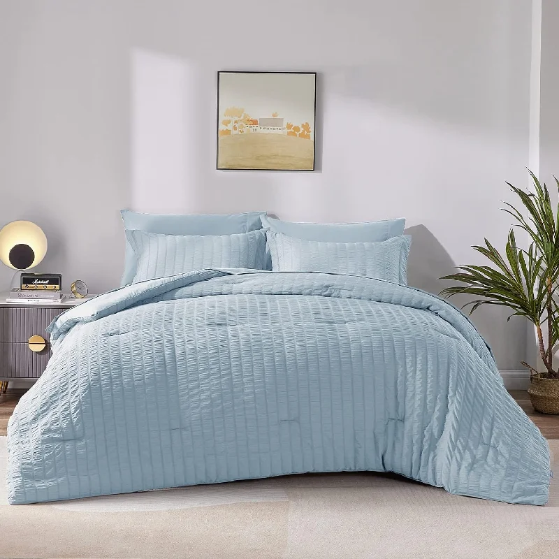 Pillow with polyester cover-Full Seersucker Comforter Set With Sheets Light Blue Bed In A Bag 7-Pieces All Season Bedding Sets With Comforter, Pillow Sham, Flat Sheet, Fitted Sheet, Pillowcase