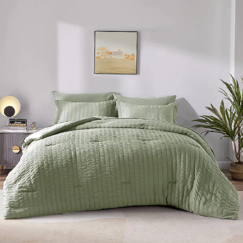 Pillow with wool filling-Full Seersucker Comforter Set With Sheets Sage Green Bed In A Bag 7-Pieces All Season Bedding Sets With Comforter, Pillow Sham, Flat Sheet, Fitted Sheet, Pillowcase