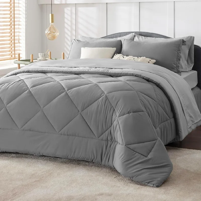 Pillow with fast shipping-King Size Comforter Set - 7 Pieces Reversible King Bed In A Bag, King Bed Set With Comforters, Sheets, Pillowcases & Shams, Grey King Bedding Set