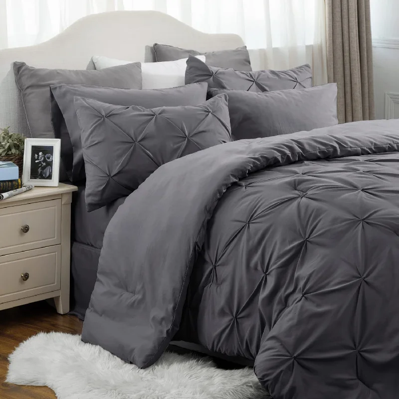 Pillow with discount codes-King Size Comforter Set - Bedding Set King 7 Pieces, Pintuck Bed In A Bag Dark Grey Bed Set With Comforter, Sheets, Pillowcases & Shams