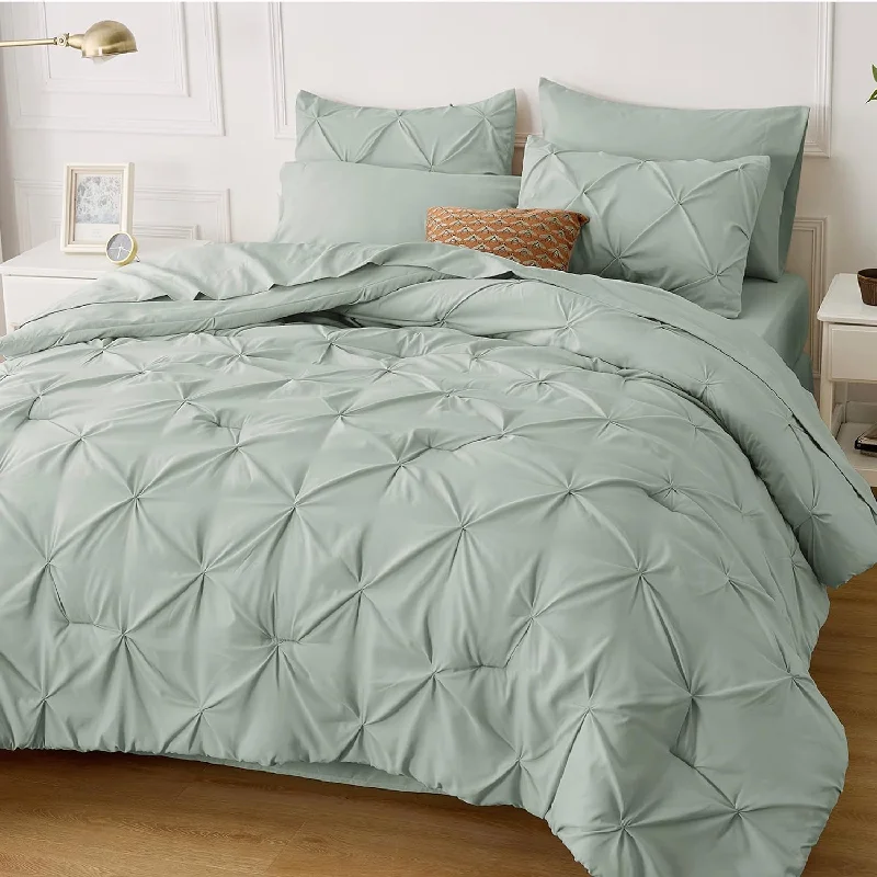 Pillow with online sale-King Size Comforter Set - Bedding Set King 7 Pieces, Pintuck Bed In A Bag Green Bed Set With Comforter, Sheets, Pillowcases & Shams