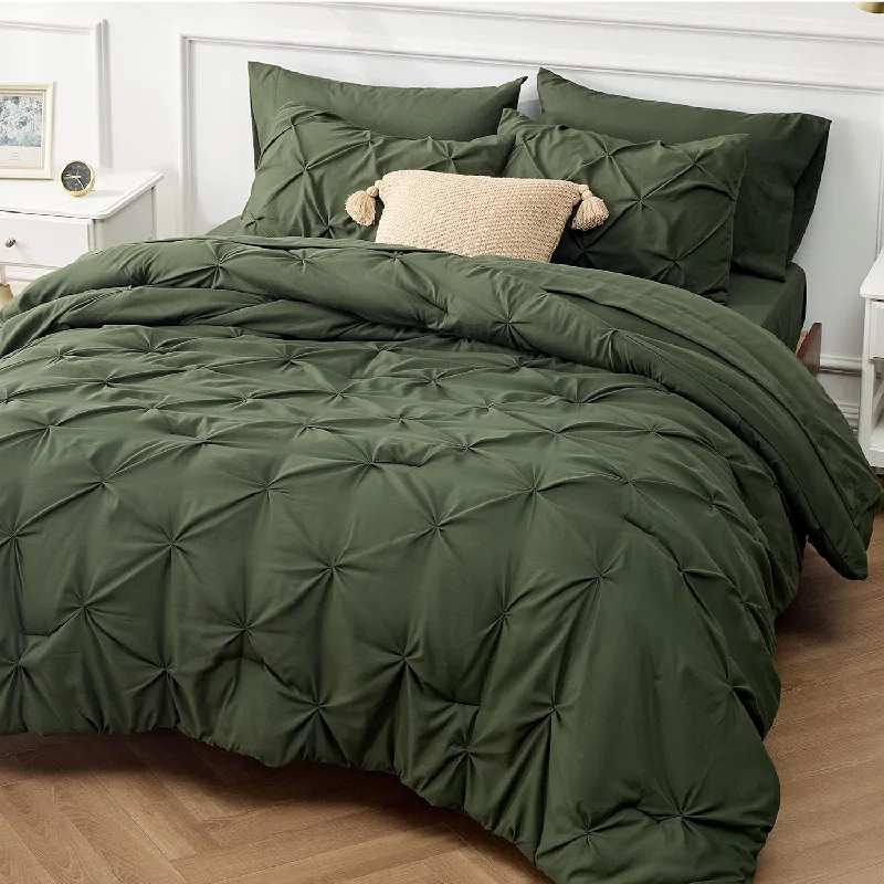 Pillow with holiday gift-King Size Comforter Set - Bedding Set King 7 Pieces, Pintuck Bed In A Bag Olive Green Bed Set With Comforter, Sheets, Pillowcases & Shams