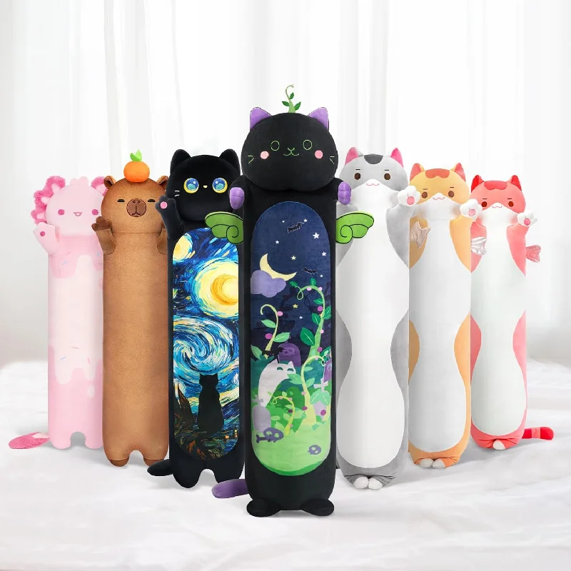 Pillow with overstock sale-Long Cat Plush Kawaii Body Pillow, 20” Cute Black Cat Stuffed Animals Soft