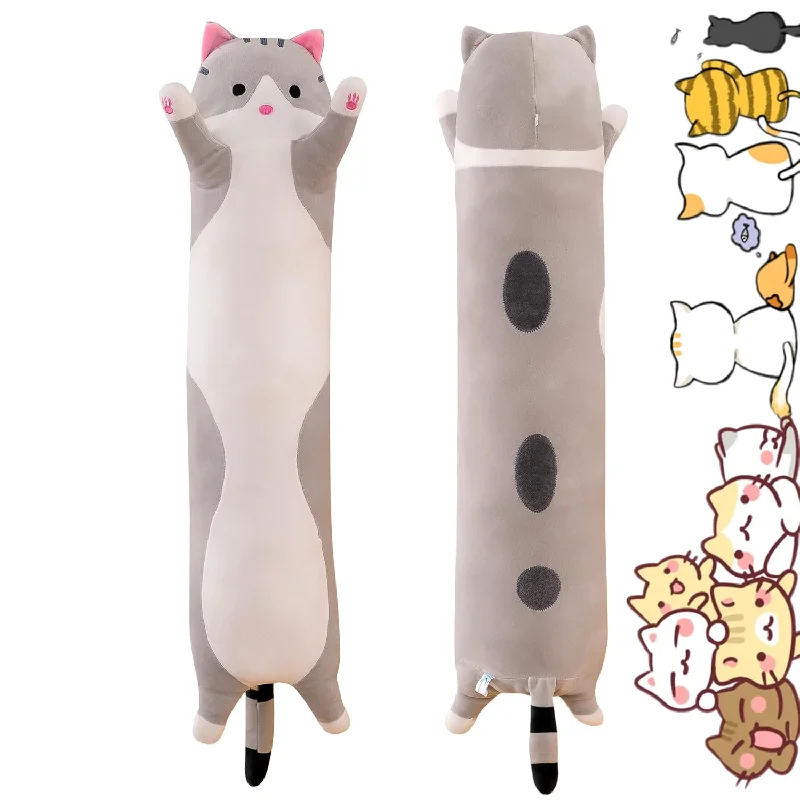 Pillow with antimicrobial benefits-Long Gray Cat Plush Pillow Toy Sleeping Pillow Cute Cartoon Cat Stuffed Ani