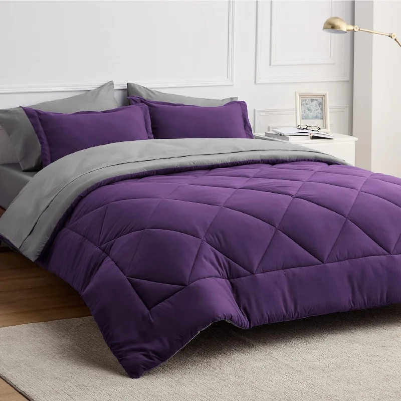 Pillow for kids’ bed-Purple Queen Comforter Set - 7 Pieces Reversible Bed Set Bed In A Bag Queen With Comforters, Sheets, Pillowcases & Shams, Queen Bedding Sets