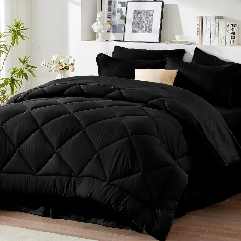 Pillow with ventilated design-Queen Bed in a Bag 8 Pieces Comforter Set, Black All Season Bed Set, Queen Bedding Sets with Comforter and Sheets, Pillow Shams, Flat Sheet, Fitted Sheet, Pillowcases and Bed Skirt