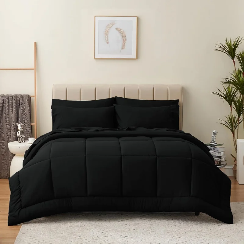 Pillow with soft seams-Queen Comforter Set - 7 Pieces Bed In A Bag Set Black, Bedding Sets Queen With All Season Quilted Comforter, Flat Sheet, Fitted Sheet, Pillowcases, Black, Queen