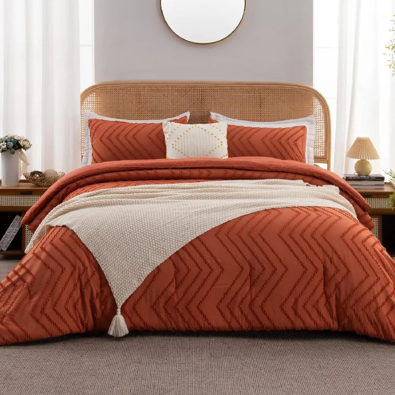 Pillow with easy-care fabric-Queen Comforter Set Burnt Orange, Fall Boho Terracotta Lightweight Fluffy Bedding Comforter Set For Queen Bed, 3 Pieces Rust Bed Set (90X90Inches, 1 Comforter And 2 Pillow Shams)