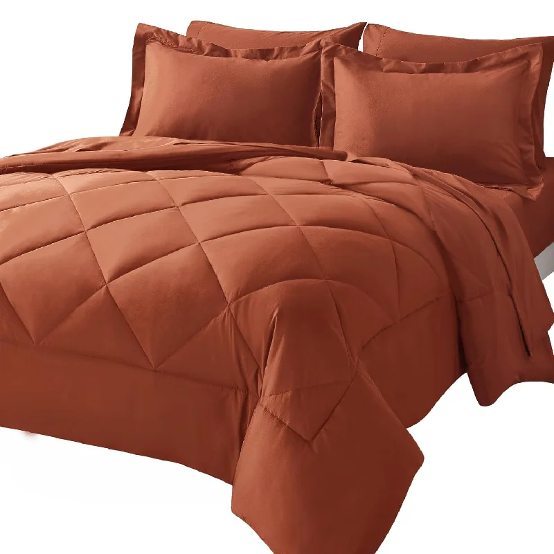 Pillow with lightweight design-Queen Comforter Set With Sheets 7 Pieces Bed In A Bag Burnt Orange All Season Bedding Sets With Comforter, Pillow Shams, Flat Sheet, Fitted Sheet And Pillowcases