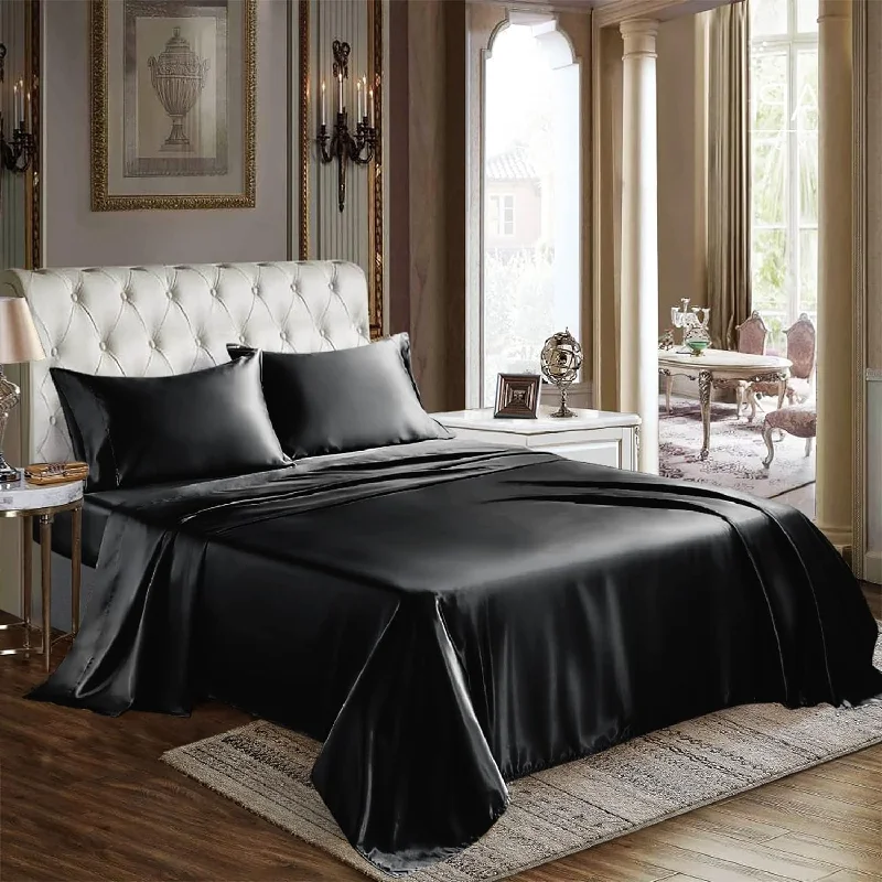 Pillow with hypoallergenic filling-Satin Sheets Full Size - 4 Piece Black Bed Sheet Set With Silky Microfiber, 1 Deep Pocket Fitted Sheet, 1 Flat Sheet, And 2 Pillowcases - Smooth And Soft