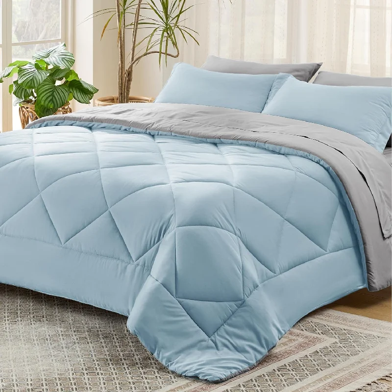 Pillow with mold-resistant-Sky Blue Queen Comforter Set - 7 Pieces Reversible Queen Bed In A Bag Queen Bed Set With Comforters, Sheets, Pillowcases & Shams, Queen Bedding Sets