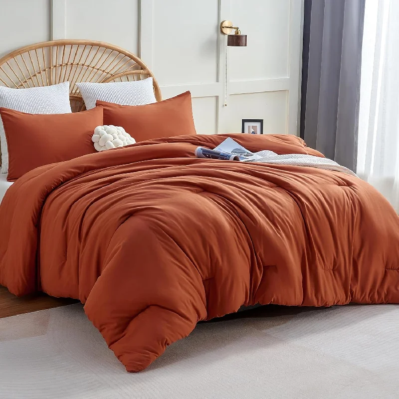 Pillow with down alternative-Terracotta Comforter Set Queen Size, 3 Pieces Solid Burnt Orange Breathable Quilted Style Bedding Sets, Rust Luxury Fluffy Soft Microfiber Comforter for All Season(1 Comforter & 2 Pillowcases)