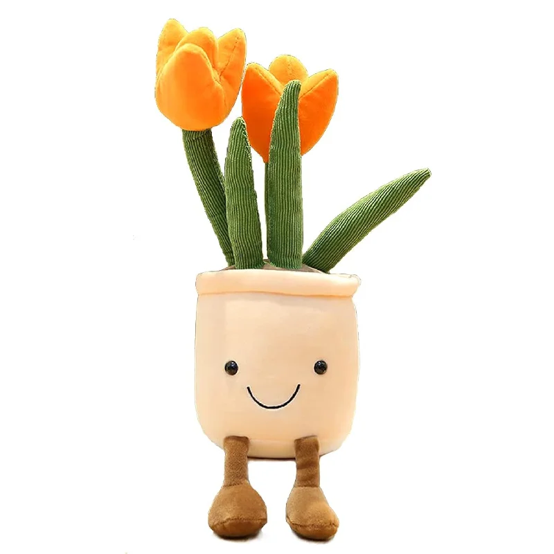 Pillow with fast delivery-Tulip Plush Toy, 13" Orange Flower Pot Stuffed Throw Plushie Pillow Doll, S