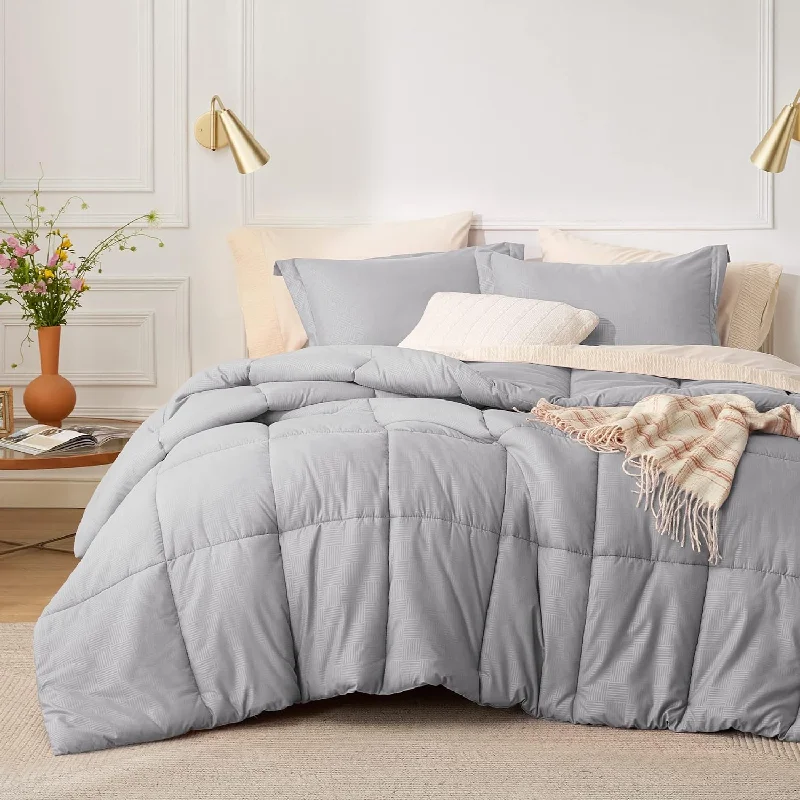 Pillow for headache relief-Twin Comforter Set - Grey Basket Weave Down Alternative Comforter Set Twin/Twin Xl Size, Lightweight All Season Bedding Set With 1 Pillow Sham