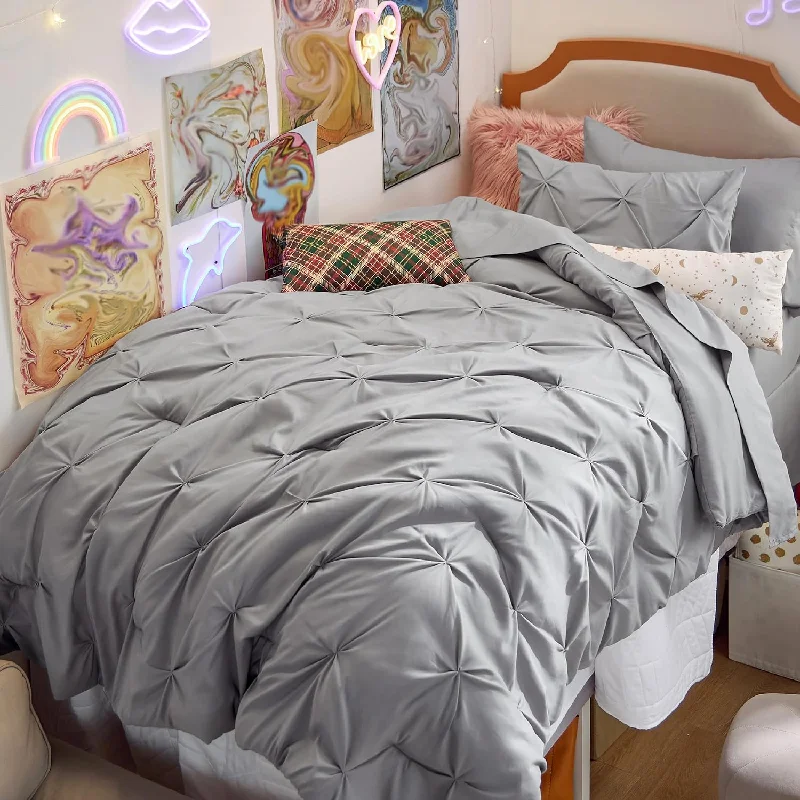 Pillow with adjustable height-Twin Xl Comforter Set With Sheets - 5 Pieces Twin Xl Bedding Sets, Pinch Pleat Grey Bed In A Bag With Comforter, Sheets, Pillowcase & Sham, Kids Bedding Set