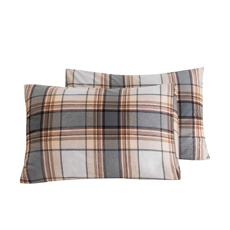 Pillow with moisture control-100% Cotton Pillowcases Queen Size Set Of 2 Khaki Brown Tartan Plaid Stripe Pr