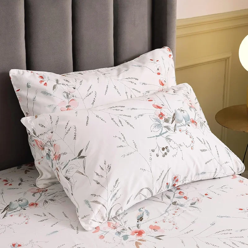 Pillow with urban edge-100% Egyptian Cotton Floral Pillow Cases Queen, Bird Flowers Print Pattern Bed