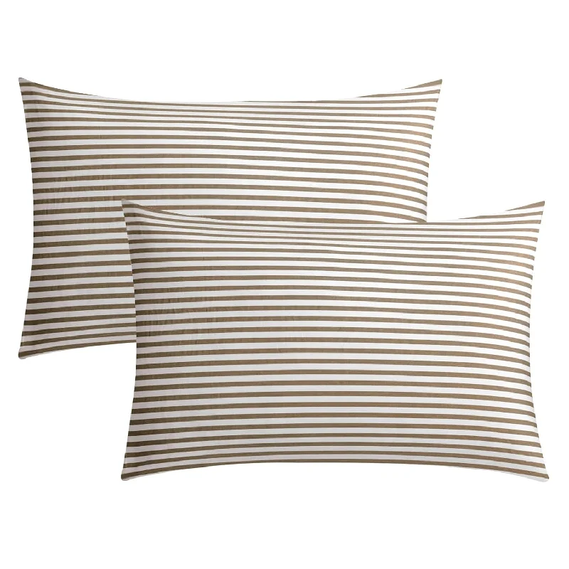 Pillow with plush feel-100% Natural Cotton Striped Queen Pillowcases Set, 2 Pack White And Khaki Stri