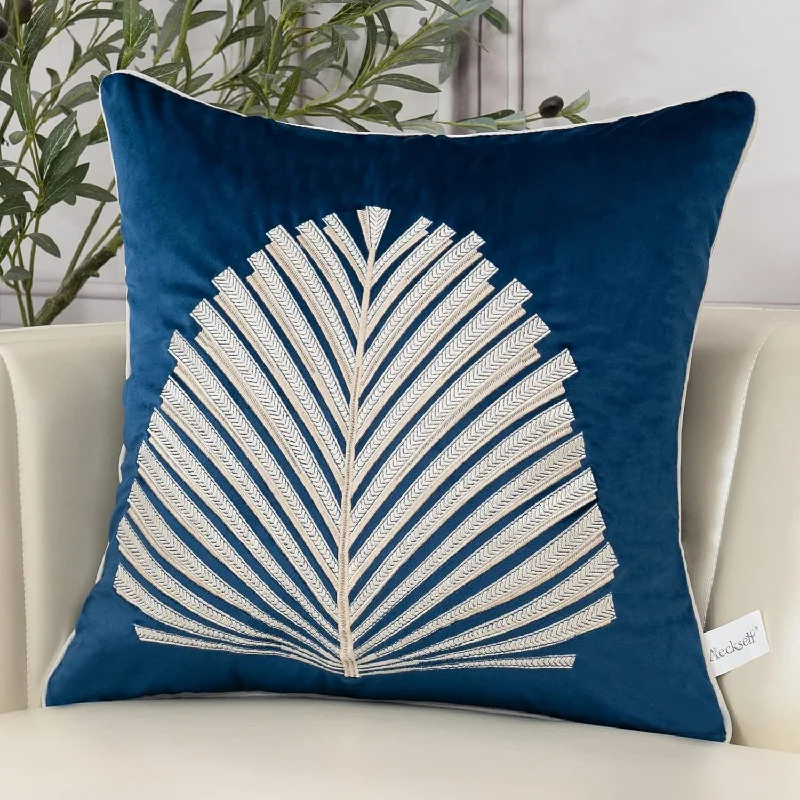 Pillow for king bed-18 X 18 Inch Navy Blue Square Throw Pillow Cover Tree Leaves Embroidery Velvet