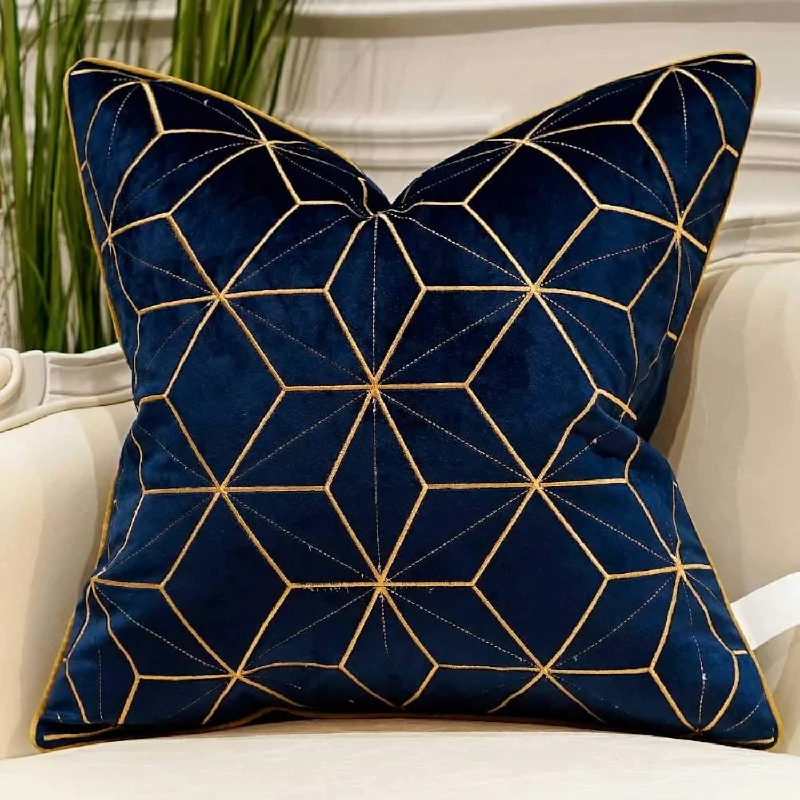 Pillow with decorative appeal-18 X 18 Inches Navy Blue Gold Plaid Cushion Case Luxury European Throw Pillow