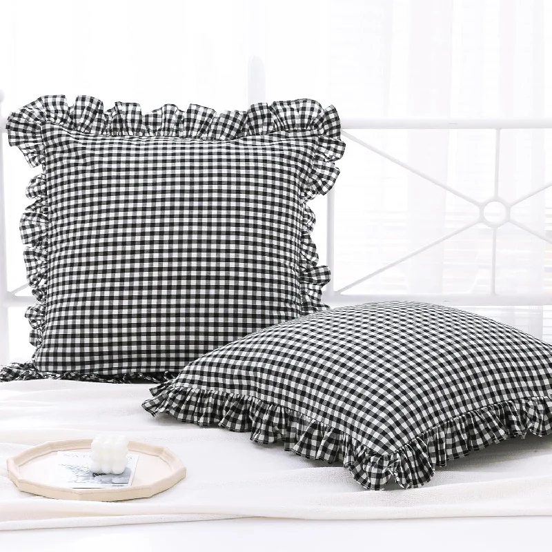 Pillow with overstock sale-2 Pack Black And White Plaid Ruffle Euro Shams Pillow Covers 26X26 Inches, Was