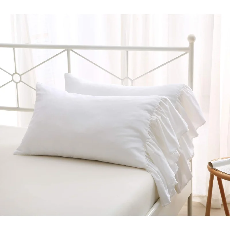 Pillow with down benefits-2-Pack Bright White Pillow Cases Shams Covers With Long Ruffles Shabby Chic Eg